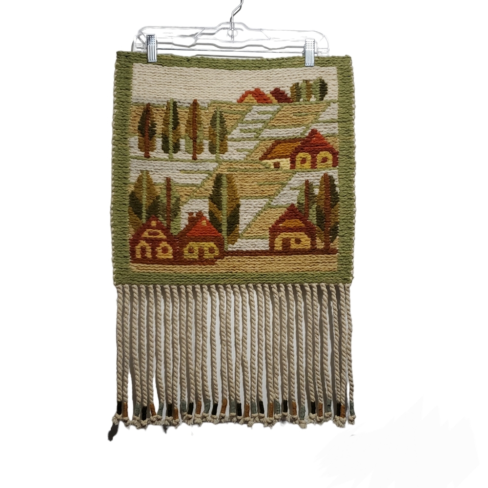 Vintage Handwoven Wall Art Tapestry Farmhouse Scene